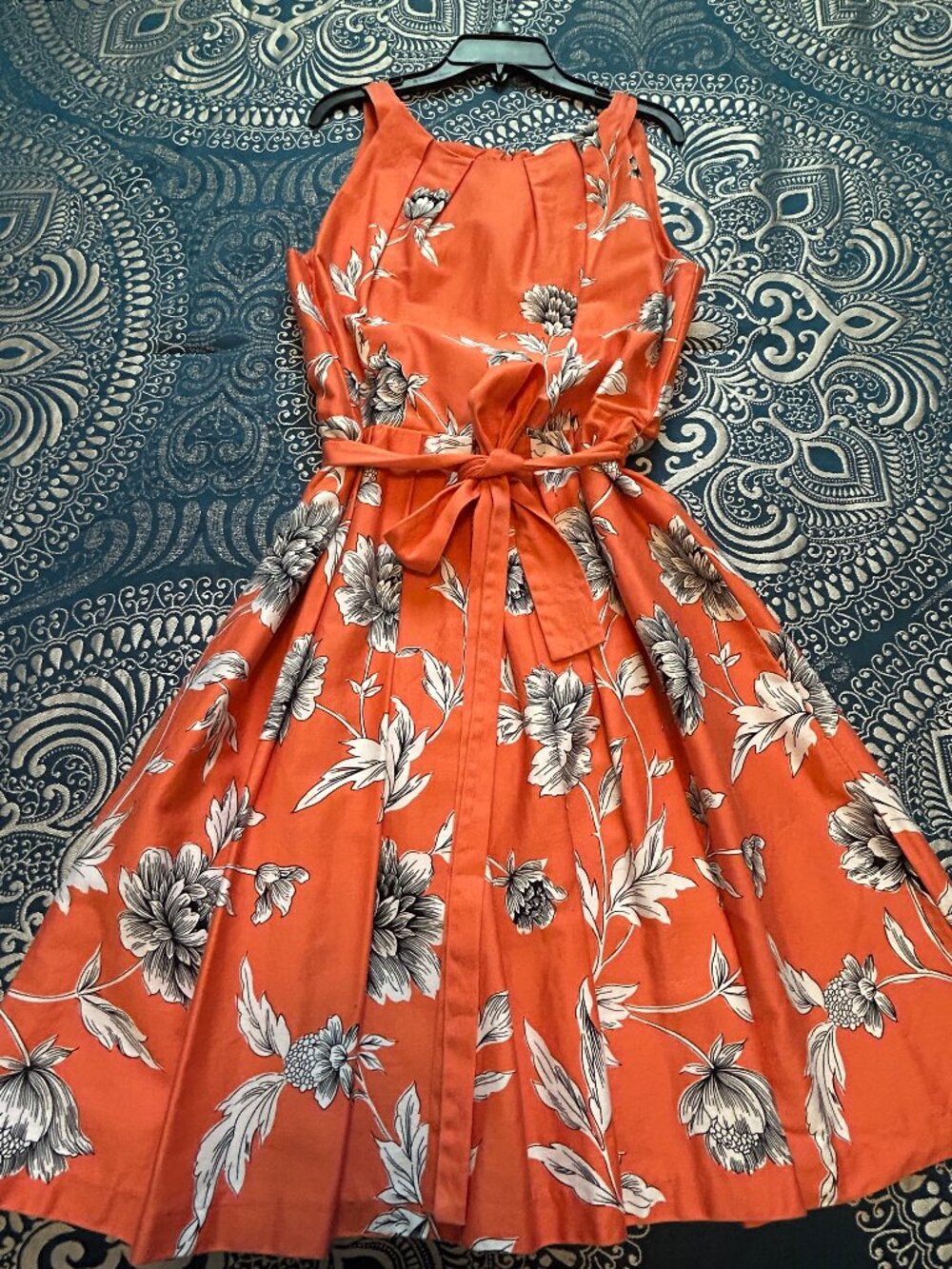 Chetta B Orange Coral Floral Fit & Flare Dress Size 8 Sleeveless  WithTie Waist